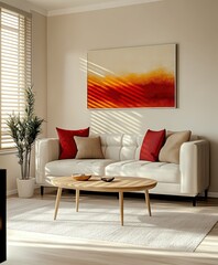 Modern minimalist living room, beige walls, white sofa, wooden coffee table, abstract orange and yellow artwork, spherical pendant lights, red accent pillows, potted plant, natural light from window, 