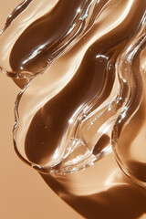 Transparent skincare serum swatches close up macro detail on mocha solid color flat lay background, trendy cosmetics visual design.