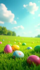Fototapeta premium Colorful Easter eggs scattered on the green grass of a field, flowers, spring