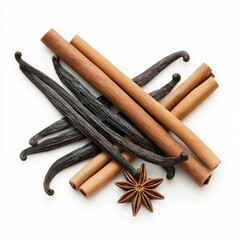 vanilla pods, cinnamon sticks, and star anise isolated
