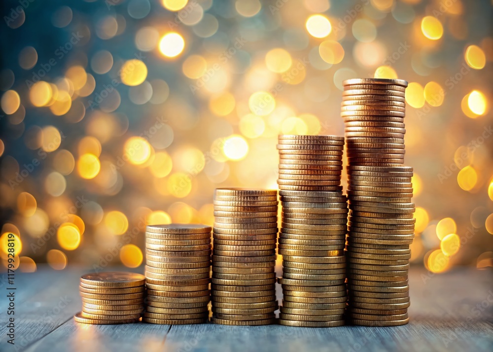 Poster minimalist stacked coins with soft lighting and glowing bokeh background - stock photo