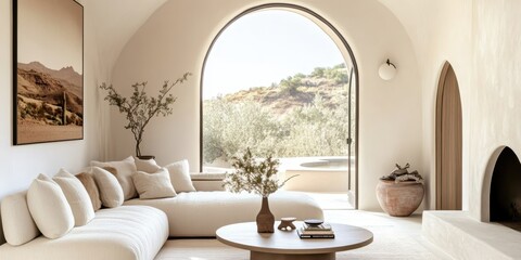 Minimalist Mediterranean interior, arched doorways, beige walls, natural light, cozy living room, earth tones, potted plant, woven rug, textured throw pillows, abstract wall art, curved sofa, ceramic 
