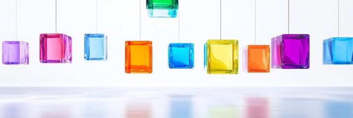 Colorful Glass Cubes Suspended Minimalist Art - Vibrant, colorful glass cubes hang in a minimalist white space, symbolizing creativity, innovation, energy, harmony, and modern design.
