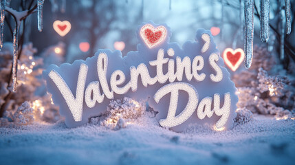A romantic winter scene with "Valentine's Day" in frosty white 3D letters, surrounded by snowflakes, glowing icicles, and soft heart-shaped lights.