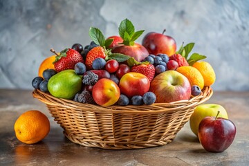 Minimalist Still Life: Basket of Fresh Fruit, Clean Background, Studio Lighting