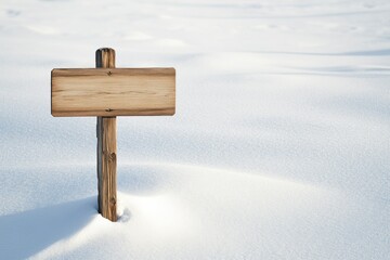 Blank wooden signpost standing in snowy landscape, inviting messages or directions.