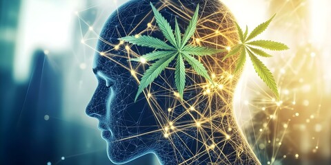A conceptual image of a human head with cannabis leaves, illustrating a connection between the mind and the plant. Concept Cannabis and Consciousness, Mind-Plant Connection, Artistic Representation