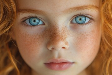 Fototapeta premium A close-up of a child with blue eyes, freckles, and red hair, creating a vibrant and warm portrait