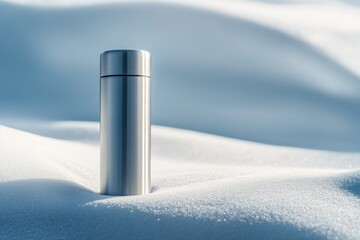 A sleek, silver thermos stands alone in a pristine, snow-covered landscape.