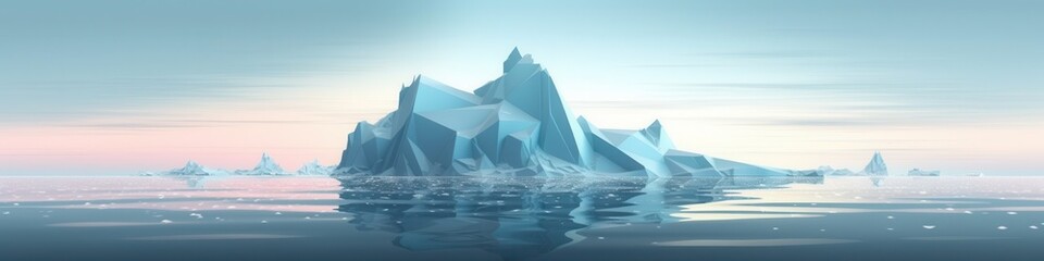 Stunning low-poly iceberg floating in serene waters at dawn, reflecting soft pastel colors of the sky.