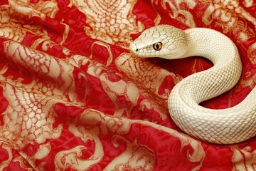 Obraz premium White snake resting on red and gold silk fabric