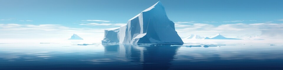 A majestic iceberg stands tall in a serene blue seascape under a clear sky.