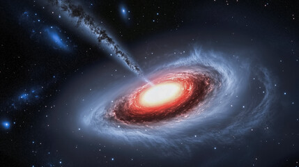 Fototapeta premium A massive black hole with glowing orange and white accretion disks, radiating power and mystery in the boundless universe, symbolizing cosmic phenomena.