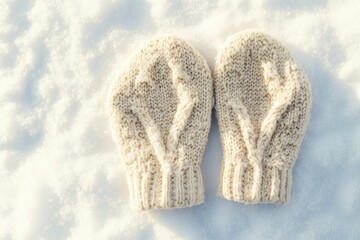 Cream-colored knitted mittens rest on a snowy surface, capturing winter's essence.