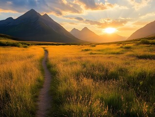 Sunset view on a winding path through the golden meadow