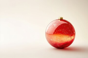 A single red glass Christmas ornament with gold accents rests on a minimalist white background.
