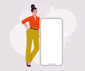 Modern businesswoman giant smartphone lean pose. Business lady, high waisted pants, office trousers, belt, attractive blouse female model. Vector flat style cartoon illustration, creative background