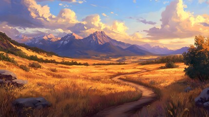 Sunset view on a winding path through the golden meadow