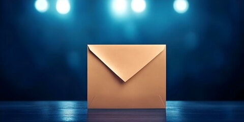 A closed brown envelope is placed on a table, with a blurred blue background and soft lighting above it. Concept Brown Envelope Presentation, Blurred Blue Background, Soft Lighting Effects