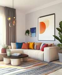 Modern living room, minimalist interior design, colorful abstract artwork, beige sofa, vibrant throw pillows, round coffee table, potted plant, large window, neutral walls, geometric patterns, mid-cen