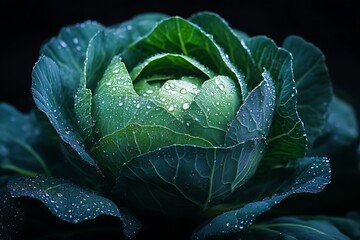 Obraz premium Cabbage with dew drops on dark background, close-up