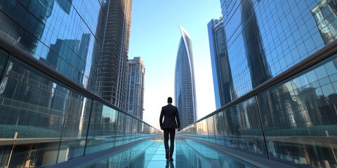 Fototapeta premium A businessman stands proudly among towering futuristic skyscrapers, symbolizing the dynamic spirit of modern city life and the ongoing technological advancement in the urban skyline
