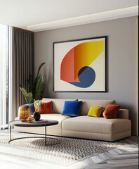 Modern living room, minimalist interior design, colorful abstract artwork, beige sofa, vibrant throw pillows, round coffee table, potted plant, large window, neutral walls, geometric patterns, mid-cen