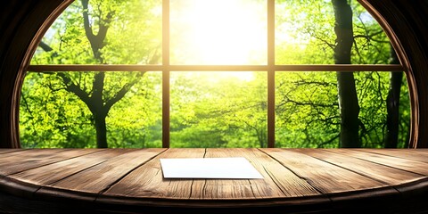 A wooden table in front of a large window, showcasing a bright, green, sunlit landscape with trees outside. Concept Wooden Table Decor, Sunlit Landscape, Large Window Views, Nature-Inspired Ambiance