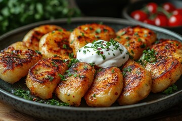 Close-up of golden fried dumplings with a dollop of sour cream on a rustic plate, garnished with herbs