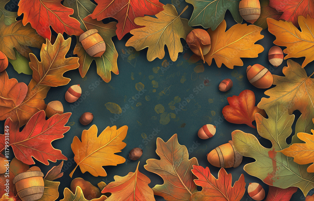 Poster a close-up of colorful autumn leaves and acorns scattered on the ground, creating an enchanting fall