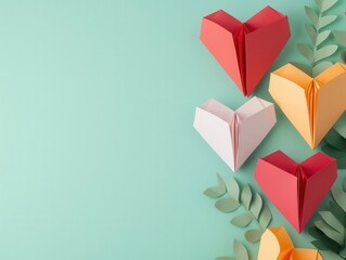 Origami floral hearts arranged to form a dynamic Valentines stage mural, artistic boldness, romantic charm, paper elegance