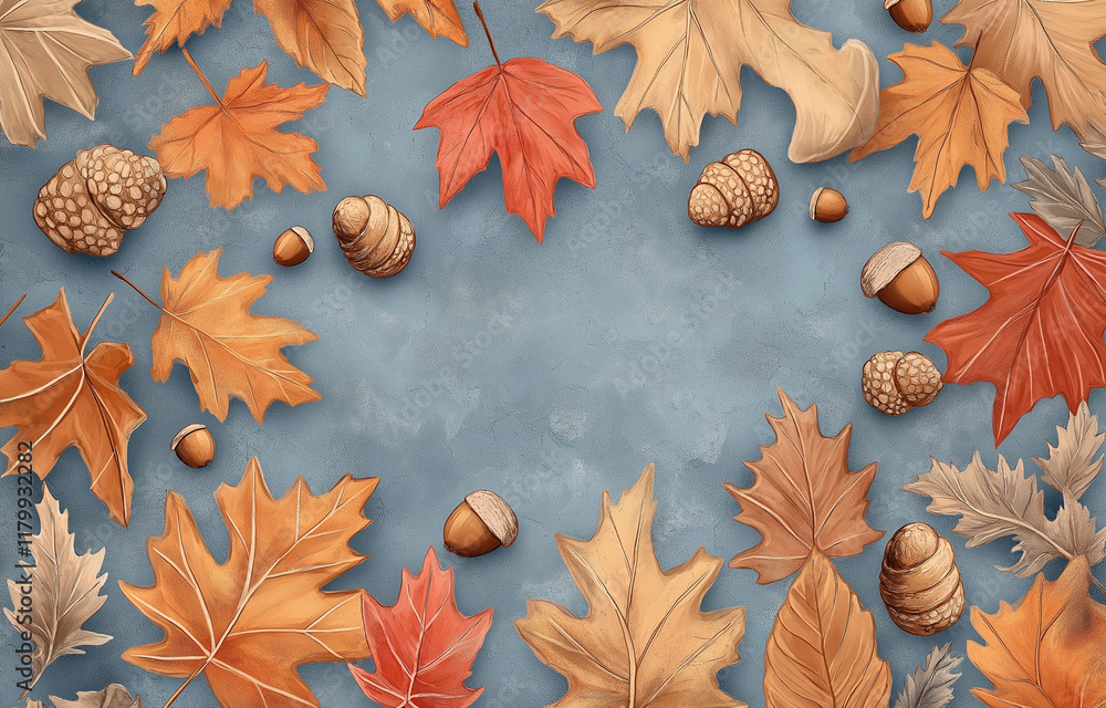 Poster a close-up of colorful autumn leaves and acorns scattered on the ground, creating an enchanting fall