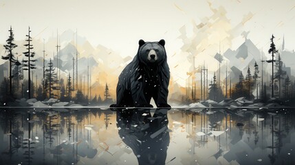 A majestic black bear stands proudly by a serene lake at dawn, surrounded by misty forest and mountains.