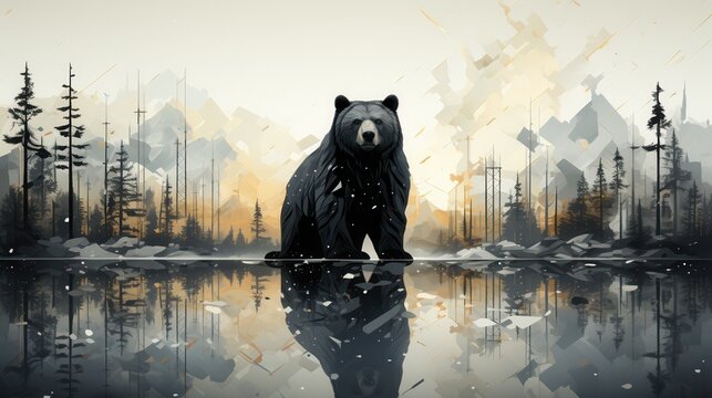 Fototapeta A majestic black bear stands proudly by a serene lake at dawn, surrounded by misty forest and mountains.