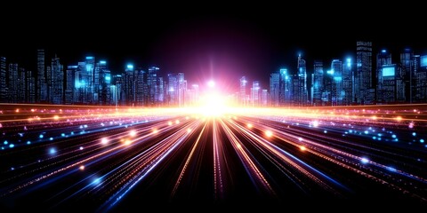 Fototapeta premium A futuristic city skyline with vibrant lights, resembling a digital landscape or sci-fi scene. Concept Futuristic Architecture, Neon Lights, Sci-Fi Aesthetics, Urban Landscape, Digital Artistry