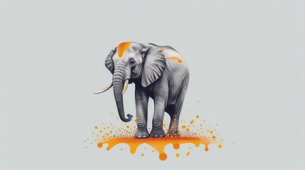 A striking illustration of a gray elephant adorned with vibrant orange paint splashes, showcasing creativity and artistry.