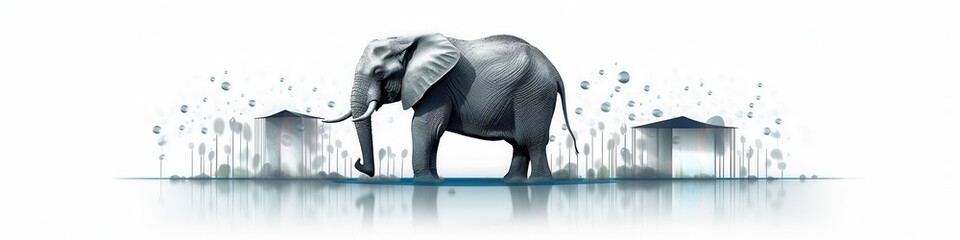 A majestic elephant walking gracefully through a serene landscape with soft hues and a modern architectural backdrop.