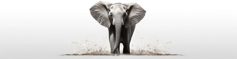 A majestic gray elephant emerges from a cloud of dust, showcasing its strength and grace against a minimalist backdrop.
