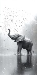 A playful baby elephant splashes in a misty river, creating a serene and magical atmosphere.