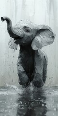 A playful, low-poly elephant splashes through water, showcasing an artistic blend of geometry and nature.