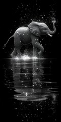 A majestic elephant wades through shimmering water, surrounded by sparkling reflections in a dramatic black and white setting.