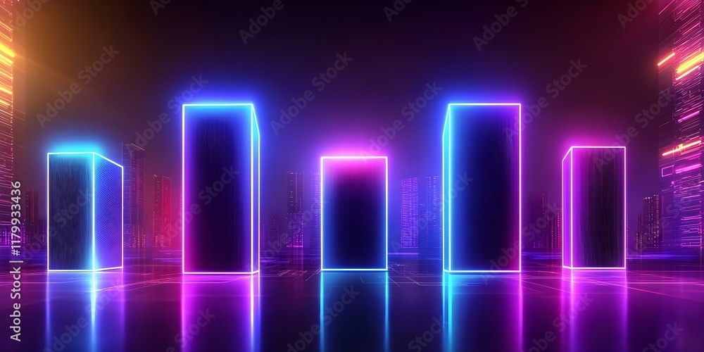 Aufkleber a futuristic scene with glowing neon rectangular structures set against a dark backdrop, resembling 