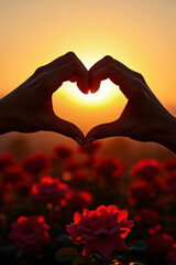 Silhouette of hands forming a heart against a sunset-lit garden of red roses. Warm golden light highlights the scene, evoking love, romance, and serene beauty.