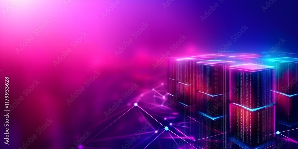 Poster a digital representation of server stacks with neon lights and a network connection, illustrating te