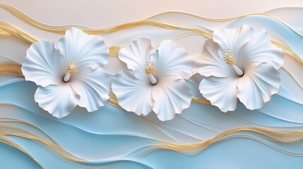 Elegant White Hibiscus Flowers on Serene Blue and Gold Waves