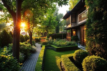 Obraz premium Modern Luxury Village Home with Gorgeous Garden and Stylish Exterior Design
