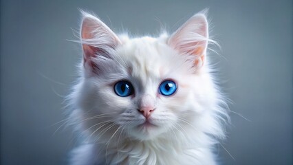 Minimalist White Fluffy Kitten with Striking Blue Eyes - Stock Photo
