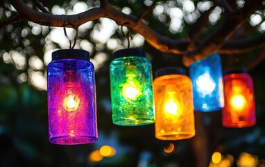 Colorful hanging lanterns made from plastic bottles glowing brightly in the evening garden, creating a vibrant and eco-friendly decoration