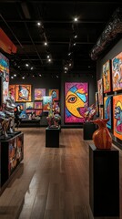 A vibrant art gallery with paintings and sculptures displayed under bright lights