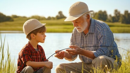 Grandfather showing his grandson how to fish at a serene lake